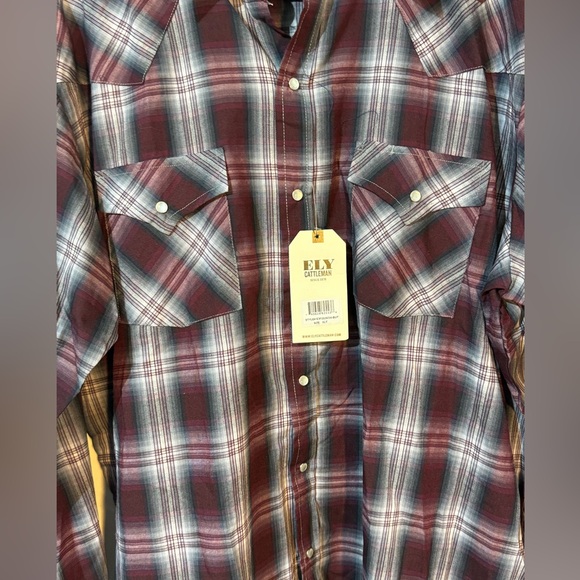 Ely Cattleman Western Shirt Mens XLT gray Blue Plaid Pearl Snap Long Sleeve NWT - Picture 6 of 7